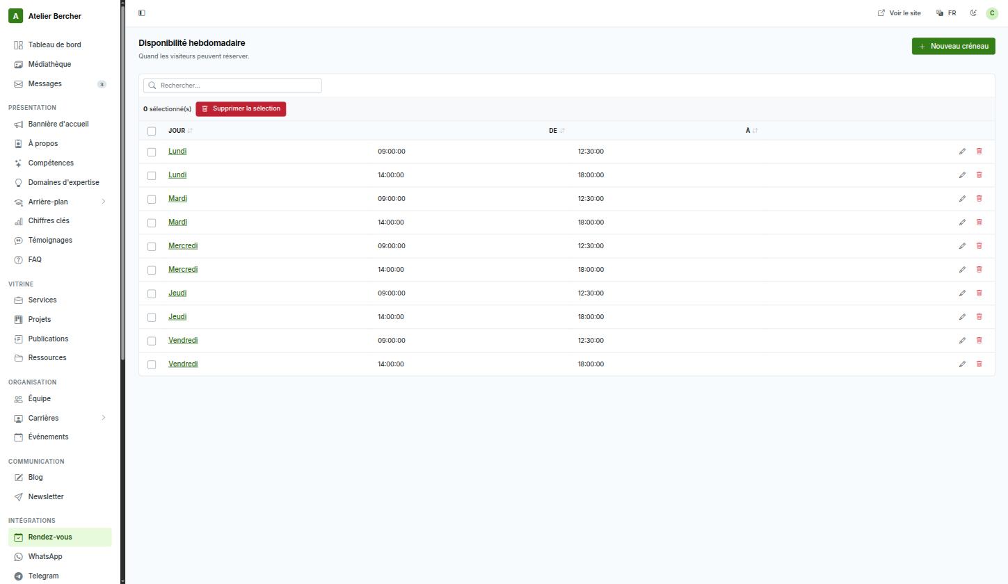 The weekly availability screen: one row per slot, with day, start and end time.